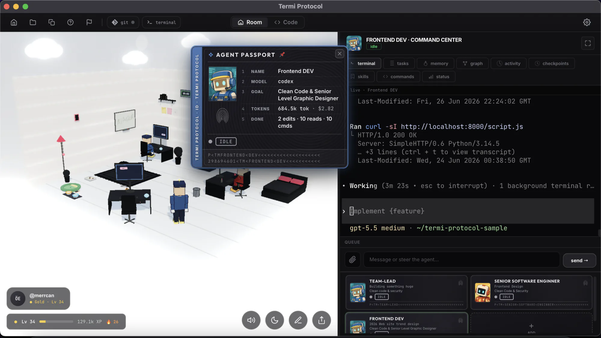 An AI coding agent's passport in a 3D workspace showing its name, model, goal, live token count and cost