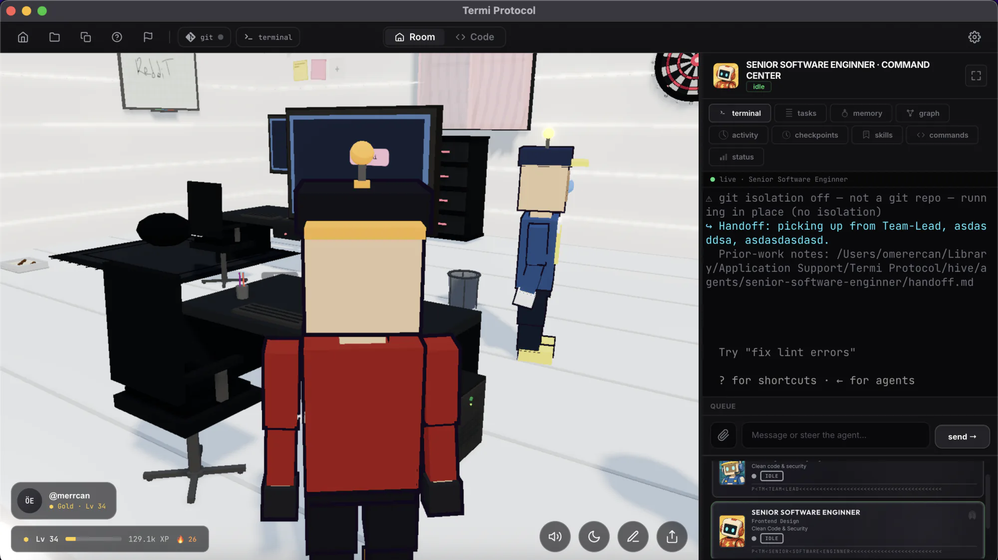 Two AI coding agents in one 3D room during a handoff, the terminal showing one agent picking up the other's work